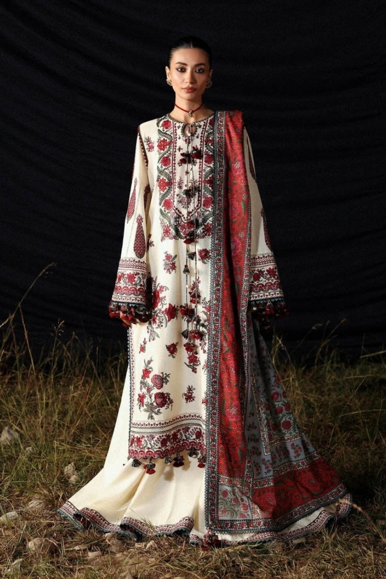 HUSSAIN REHAR-3PC KARANDI EMBROIDERED SHIRT WITH WOOL PRINTED SHAWL AND EMB TROUSER -ADR-5186