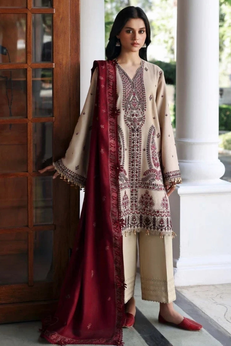 REPUBLIC-3PC DHANAK EMBROIDERED SHIRT WITH DHANAK EMBROIDERED SHAWL AND EMB TROUSER -ADR-5169