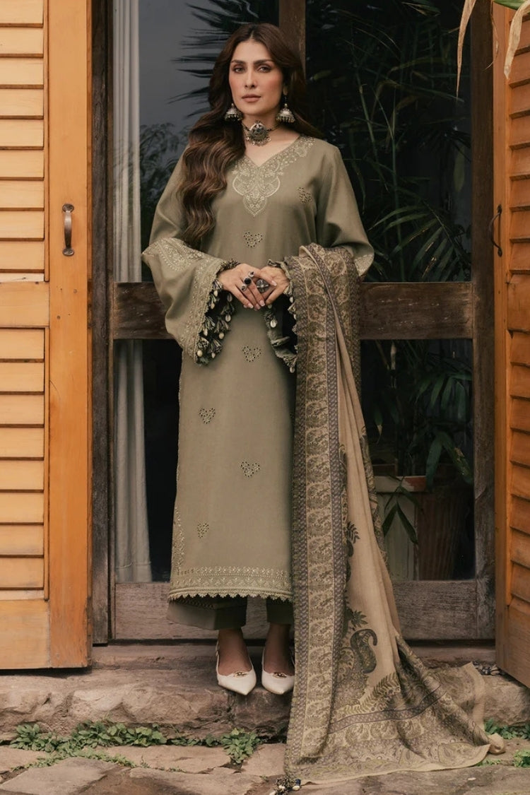 IZEL-3PC DHANAK EMBROIDERED SHIRT WITH COUTRAI PRINTED SHAWL AND TROUSER-ADR-5328
