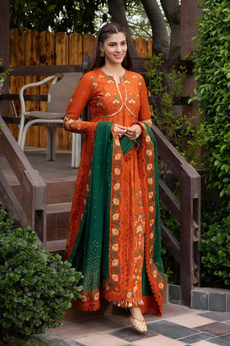ANEELAS-FROCK 3PC LAWN EMBROIDERED SHIRT WITH CHIFFON EMBROIDERED DUPATTA AND TROUSER-ADR-4858