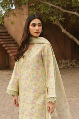 AYZEL-3PC LAWN PRINTED EMB SHIRT WITH SILK PRINTED DUPATTA AND DYED TROUSER-ADR-055