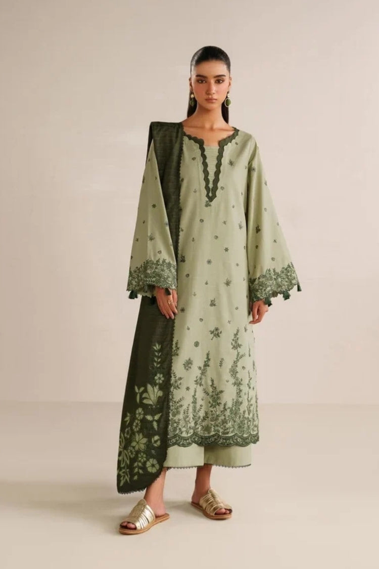 IZNIK-3PC DHANAK EMBROIDERED SHIRT DHANAK EMBROIDERED SHAWL AND TROUSER-ADR-5184