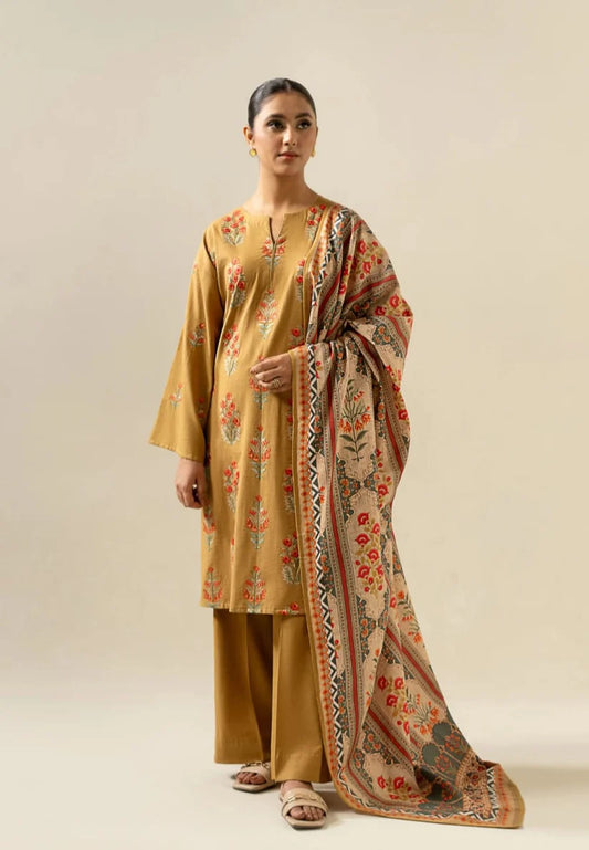 Sapphire- 3PC Dhanak Embroidered Shirt With Dhanak Twil Print Wool Shawl & Trouser-ADR-3355