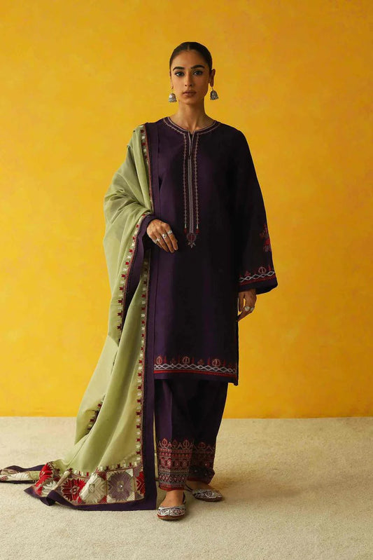 ZARA SHAHJAHAN- 3PC DHANAK EMBROIDERED SHIRT WITH DHANAK EMBROIDERED SHAWL AND EMB TROUSER-ADR-3128