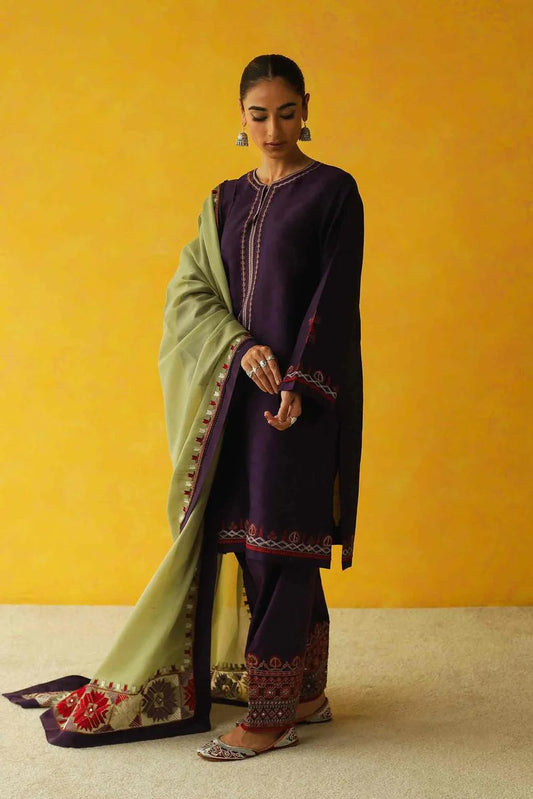ZARA SHAHJAHAN- 3PC DHANAK EMBROIDERED SHIRT WITH DHANAK EMBROIDERED SHAWL AND EMB TROUSER-ADR-3128