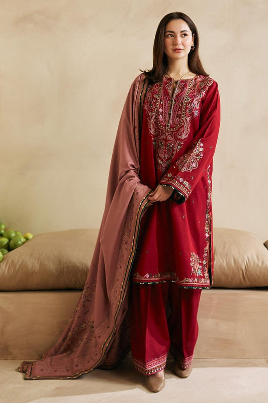 ZARA SHAHJAHAN-3PC DHANAK EMBROIDERED SHIRT WITH CORTRAI WOOL PRINTED SHAWL AND EMB TROUSER-ADR-4042