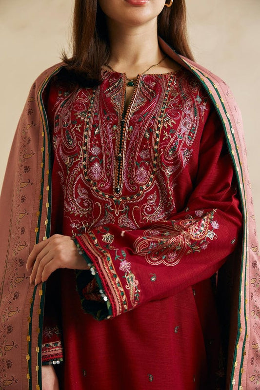 ZARA SHAHJAHAN-3PC DHANAK EMBROIDERED SHIRT WITH CORTRAI WOOL PRINTED SHAWL AND EMB TROUSER-ADR-4042