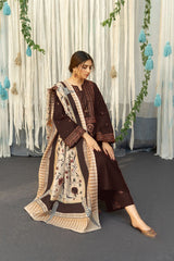 URGE-3PC DHANAK EMBROIDERED SHIRT WITH COURTRAI PRINTED SHAWL AND EMB TROUSER-ADR-4199