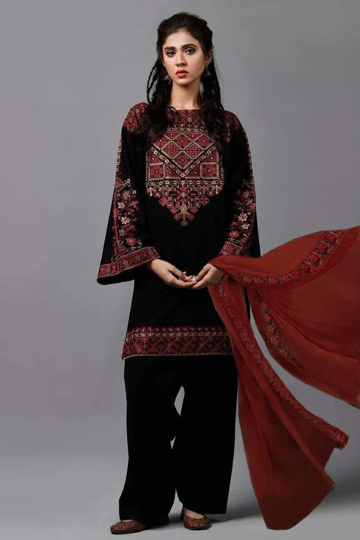 KAYSERIA- 3PC DHANAK HEAVY EMBROIDERED SHIRT WITH BAMBER CHIFFON EMBROIDERED DUPATTA-ADR-3215