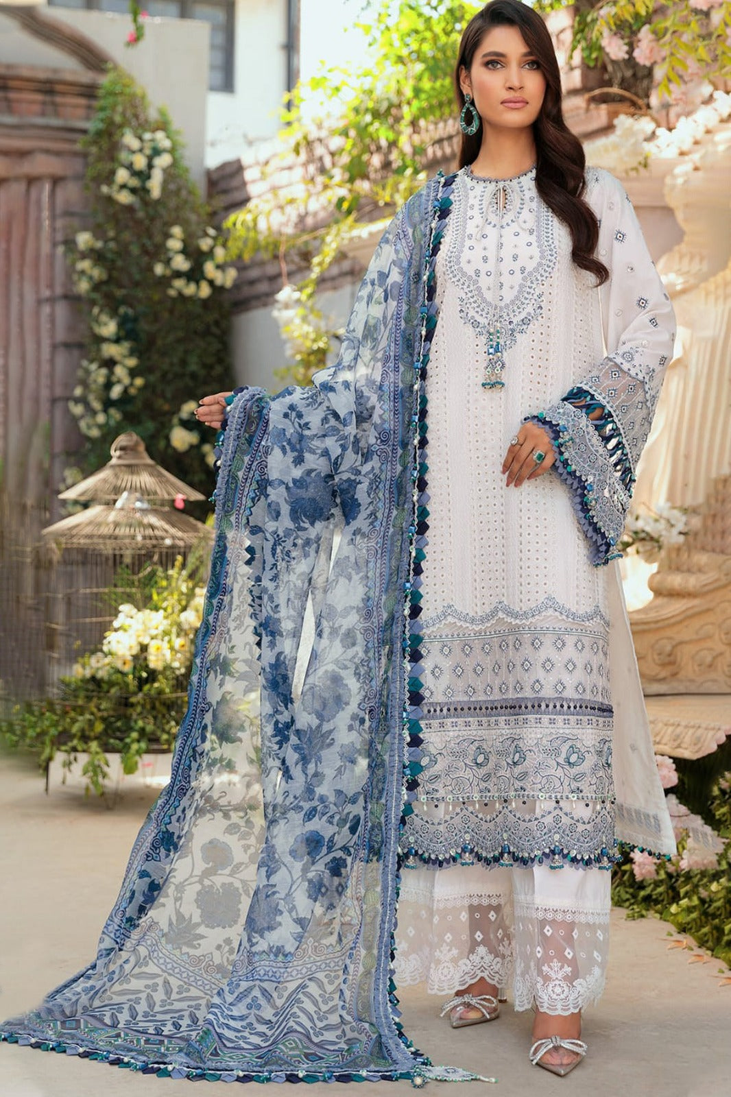 MARIA B - 3PC CHIKENKARI DHANAK EMBROIDERED WITH WOOL PRINT SHAWL -ADR-3150