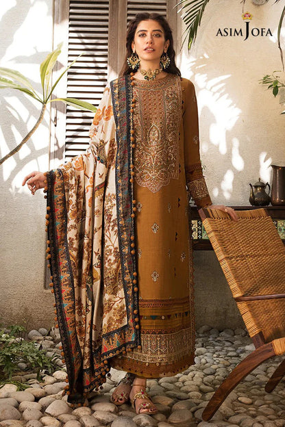 ASIM JOFA-3PC DHANAK EMBROIDERED SHIRT WITH COURTRAI PRINTED SHAWL & TROUSR-ADR-3135
