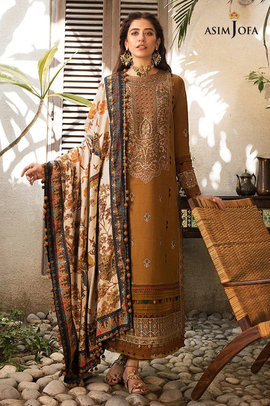 ASIM JOFA-3PC DHANAK EMBROIDERED SHIRT WITH COURTRAI PRINTED SHAWL & TROUSR-ADR-3135