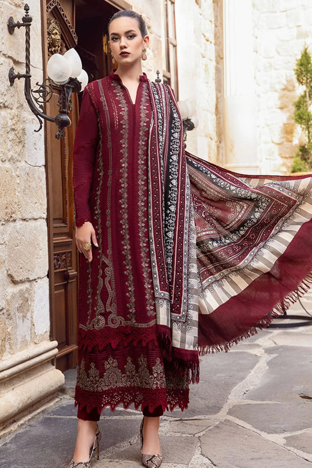 MARIA B - 3PC DHANAK EMBROIDERED SHIRT WITH COUTURE WOOL PRINT SHAWL AND DHANAK TROUSER-ADR-4043