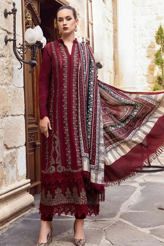 MARIA B - 3PC DHANAK EMBROIDERED SHIRT WITH COUTURE WOOL PRINT SHAWL AND DHANAK TROUSER-ADR-4043