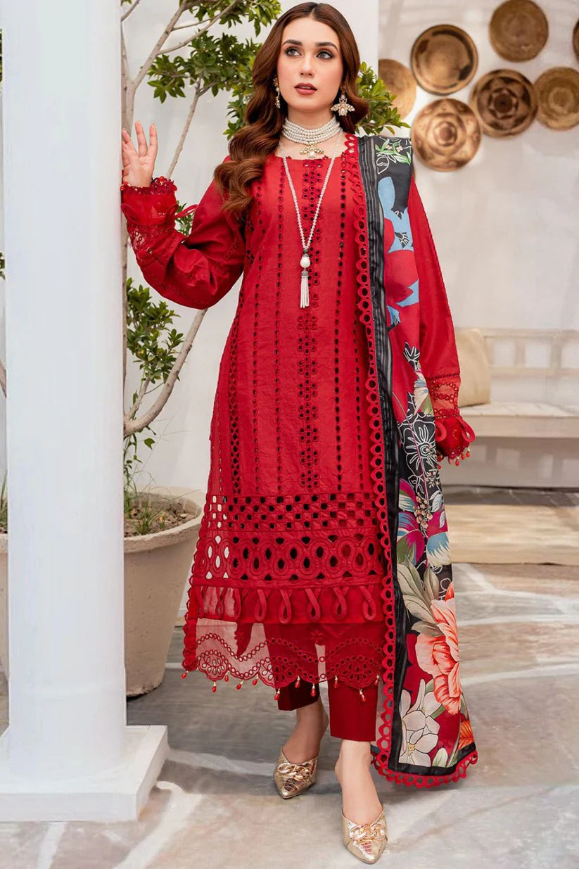 ZAINAB CHOTANI - 3PC CHIKENKARI LAWN EMBROIDERED WITH MONARK PRINT DUPATTA -ADR-RED