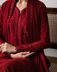 ZAIB-3PC DHANAK EMBROIDERED SHIRT WITH DHANAK EMBROIDERED SHAWL AND TROUSER-ADR-5271