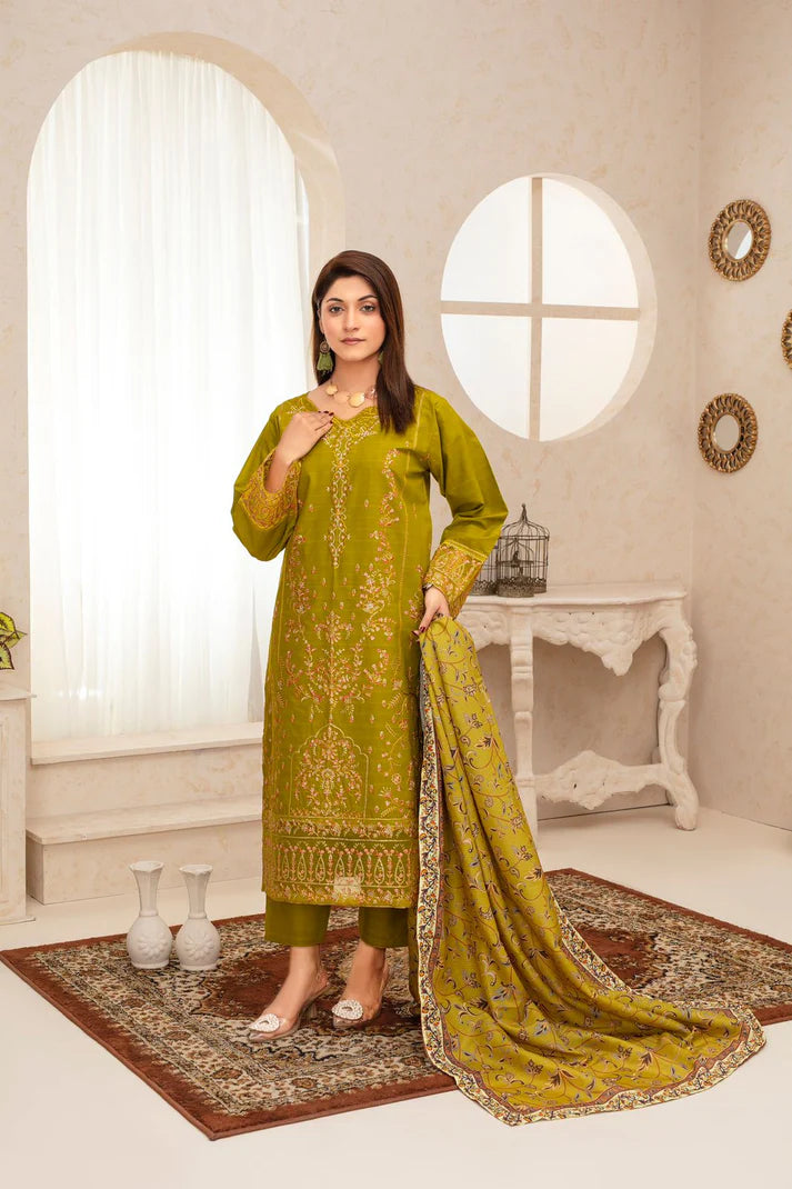 ADR -WINTER COTTON 3PC EMBROIDERED SHIRT WITH DORIA PRINTED SHAWL-ADR-2002