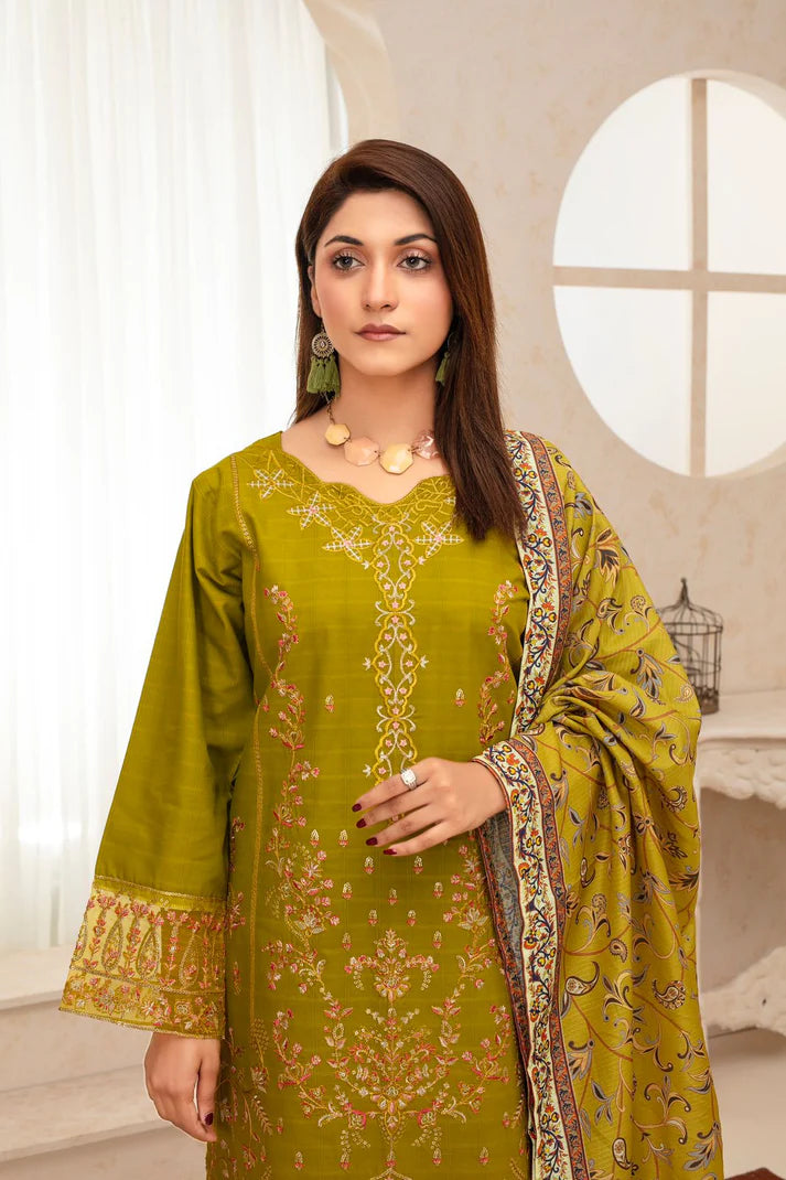 ADR -WINTER COTTON 3PC EMBROIDERED SHIRT WITH DORIA PRINTED SHAWL-ADR-2002