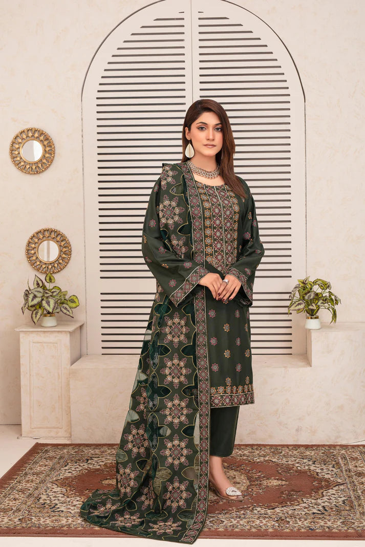 ADR 3PC DHANAK EMBROIDERED SHIRT WITH HEAVY CUTWORK EMBROIDERED DHANAK SHAWL AND TROUSER-ADR -004