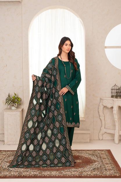 ADORE 3PC DHANAK EMBROIDERED SHIRT WITH HEAVY CUTWORK EMBROIDERED DHANAK SHAWL AND TROUSER-ADR -004