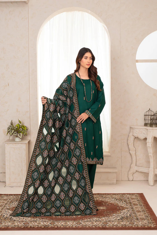 ADORE 3PC DHANAK EMBROIDERED SHIRT WITH HEAVY CUTWORK EMBROIDERED DHANAK SHAWL AND TROUSER-ADR -004