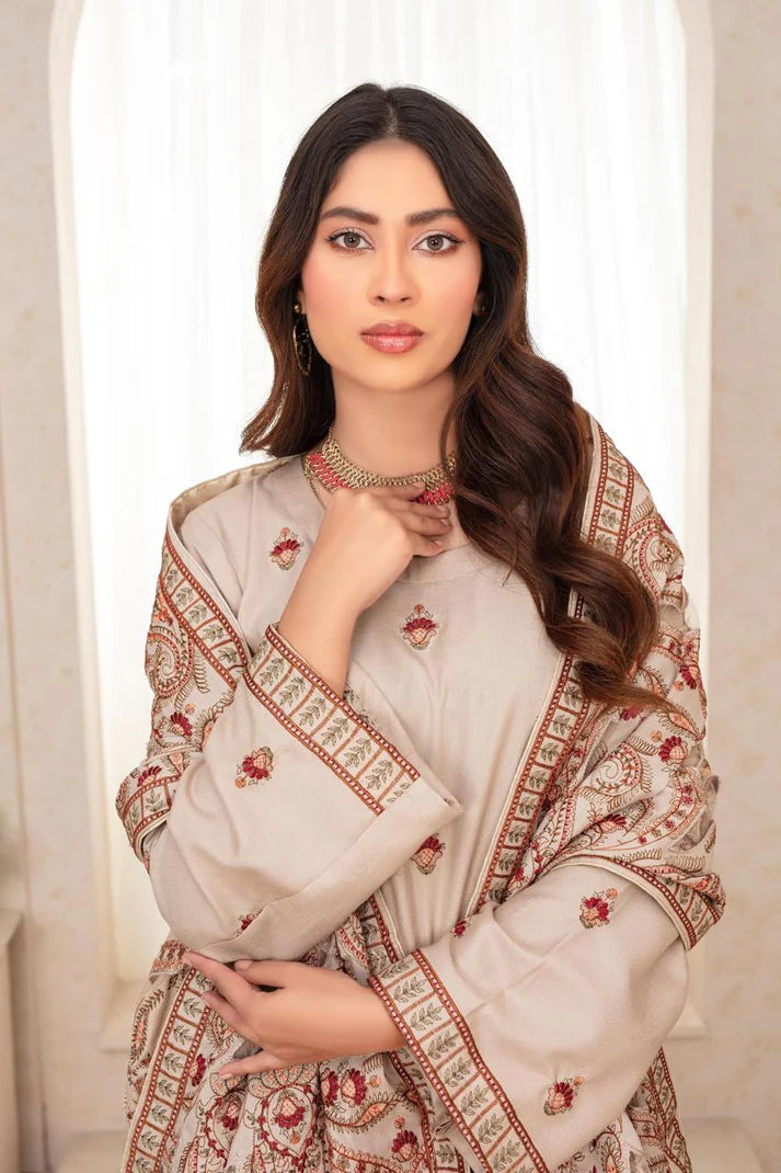 ADR-3PC DHANAK EMBROIDERED SHIRT WITH HEAVY CUTWORK EMBROIDERED DHANAK SHAWL AND TROUSER-ADR -003