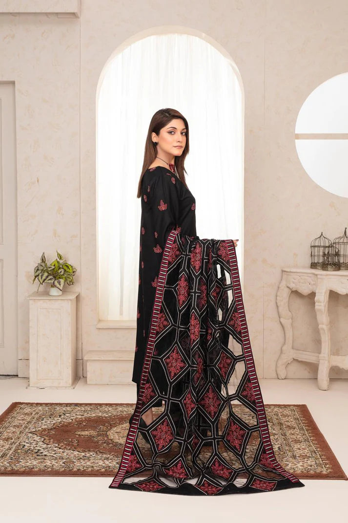 ADR-3PC DHANAK EMBROIDERED SHIRT WITH HEAVY CUTWORK EMBROIDERED DHANAK SHAWL AND TROUSER-ADR -002