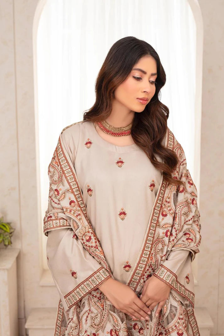 ADR-3PC DHANAK EMBROIDERED SHIRT WITH HEAVY CUTWORK EMBROIDERED DHANAK SHAWL AND TROUSER-ADR -003