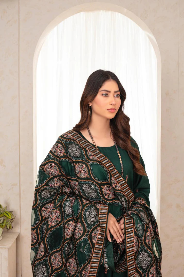 ADORE 3PC DHANAK EMBROIDERED SHIRT WITH HEAVY CUTWORK EMBROIDERED DHANAK SHAWL AND TROUSER-ADR -004
