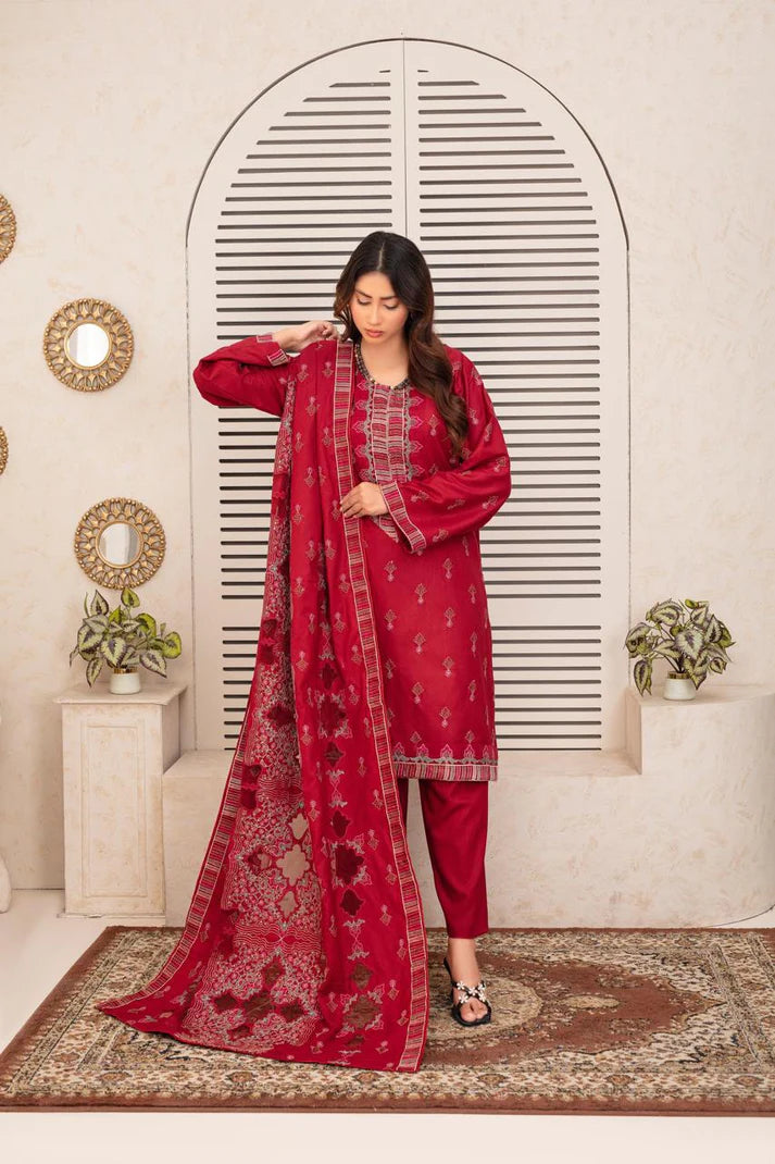 ADR-3PC DHANAK EMBROIDERED SHIRT WITH HEAVY CUTWORK EMBROIDERED DHANAK SHAWL AND TROUSER-ADR -001