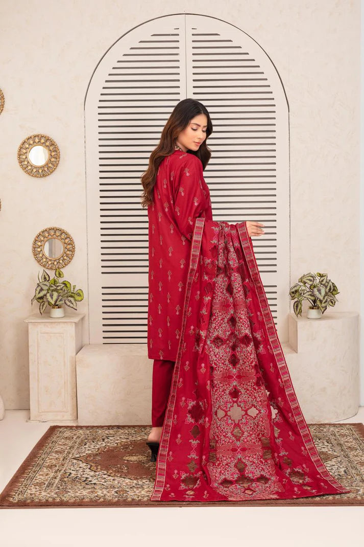 ADR-3PC DHANAK EMBROIDERED SHIRT WITH HEAVY CUTWORK EMBROIDERED DHANAK SHAWL AND TROUSER-ADR -001