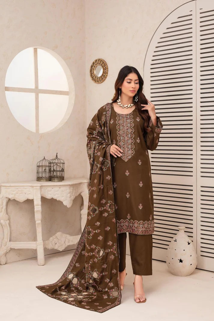 ADR-3PC DHANAK EMBROIDERED SHIRT WITH HEAVY CUTWORK EMBROIDERED DHANAK SHAWL AND TROUSER-ADR -006