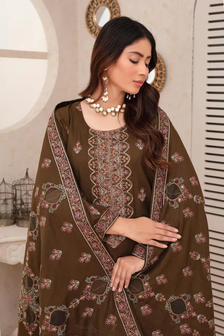 ADR-3PC DHANAK EMBROIDERED SHIRT WITH HEAVY CUTWORK EMBROIDERED DHANAK SHAWL AND TROUSER-ADR -006