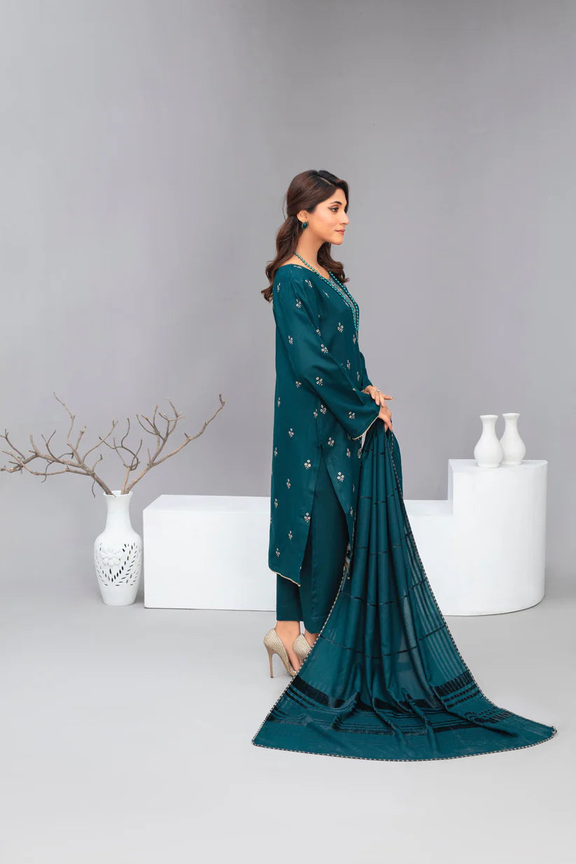 ADR-3PC Dhanak Embroidered Shirt with Velvet Dhanak Shawl and Trouser-ADR-Z