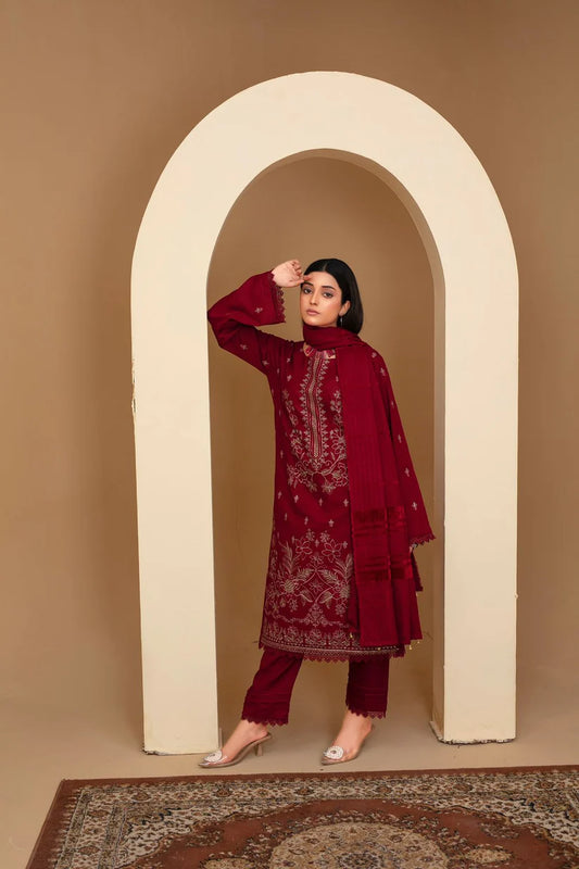 ADR-3PC Dhanak Embroidered Shirt with Velvet Dhanak Shawl and Trouser-ADR-2678 M