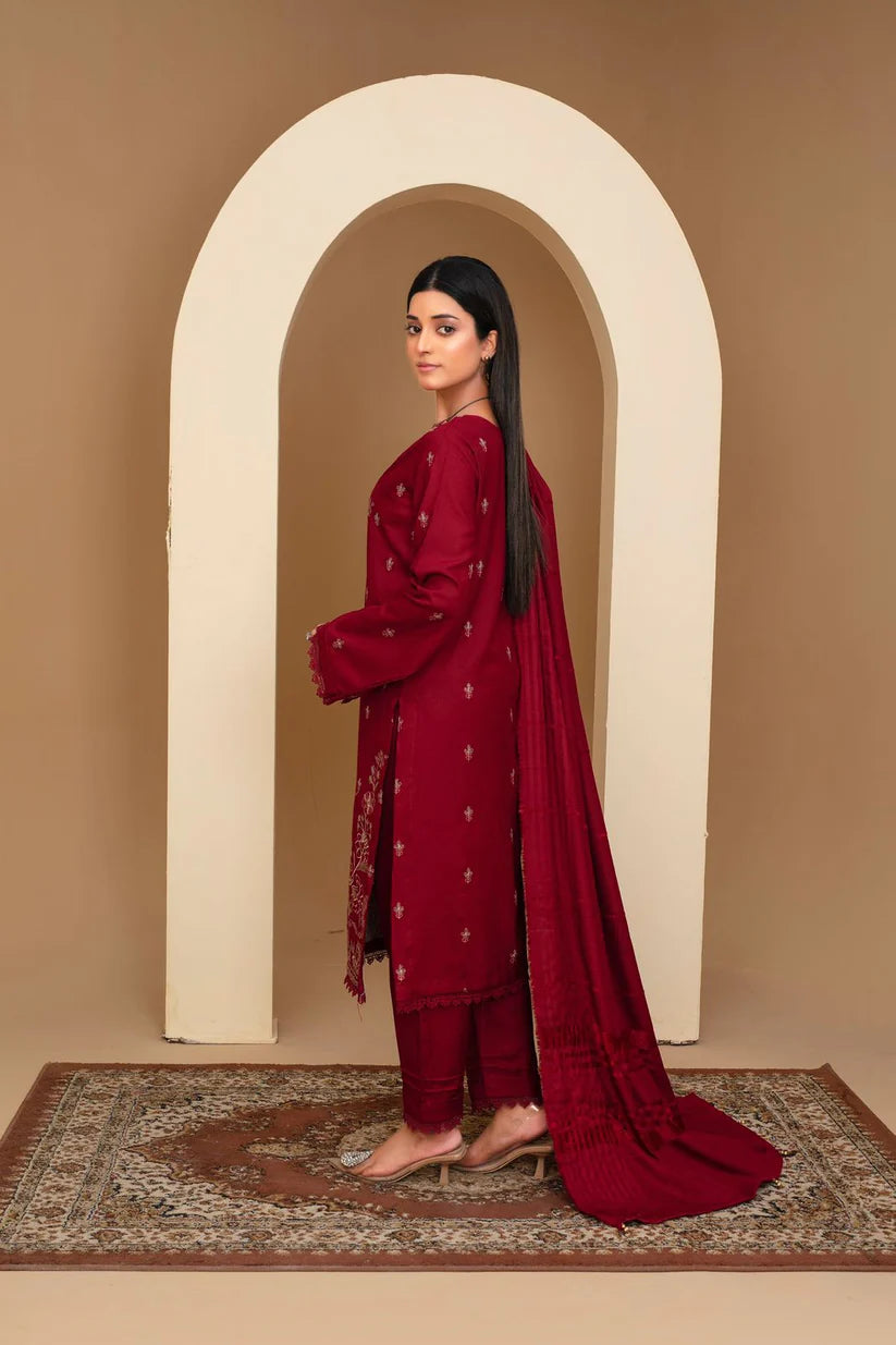 ADR-3PC Dhanak Embroidered Shirt with Velvet Dhanak Shawl and Trouser-ADR-2678 M