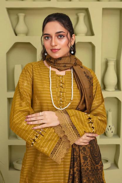 ADR-3PC KHADAR CUTWORK EMBROIDERED SHIRT WITH KASHMIRI JACQUARD WOOL SHAWL-ADR-1502