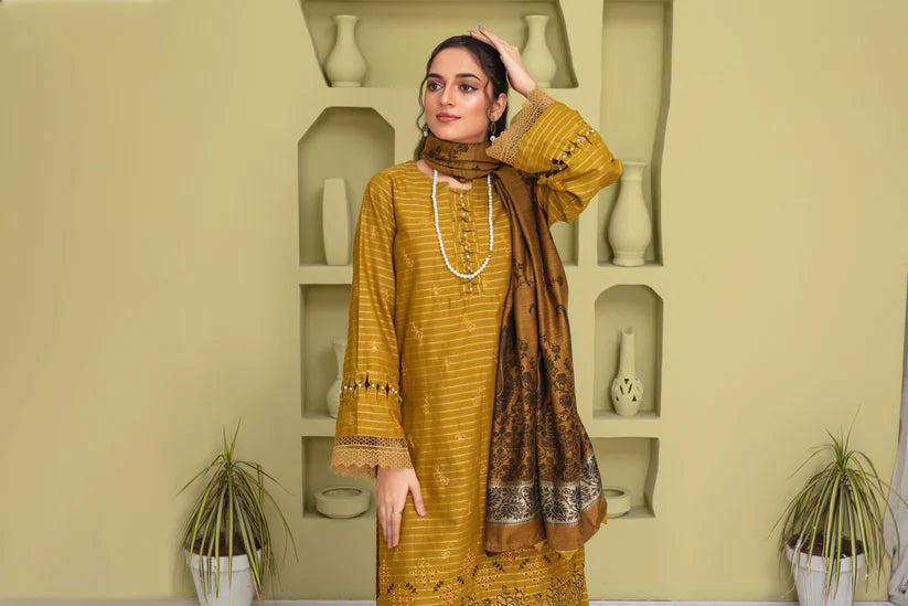 ADR-3PC KHADAR CUTWORK EMBROIDERED SHIRT WITH KASHMIRI JACQUARD WOOL SHAWL-ADR-1502