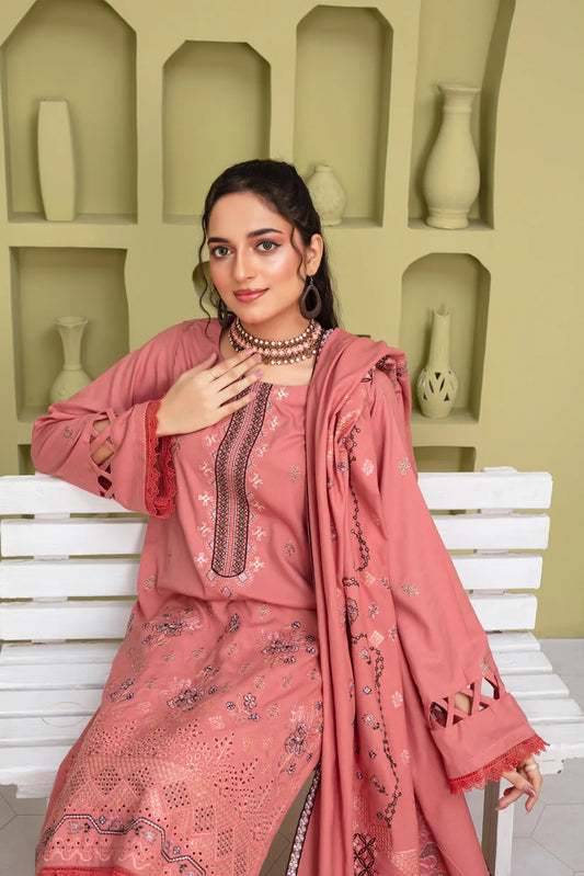 ADR 3PC DHANAK EMBROIDERED SHIRT WITH HEAVY CUTWORK EMBROIDERED DHANAK SHAWL AND TROUSER-ADR -1507