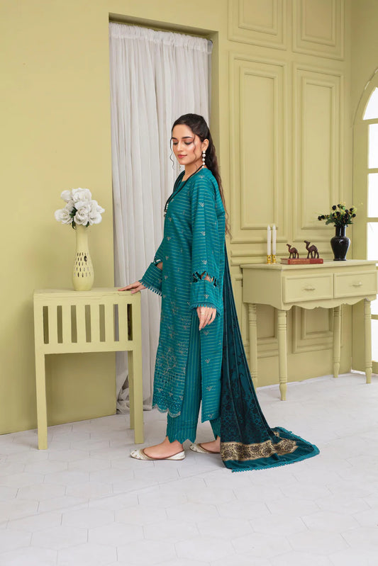 ADR-3PC KHADAR CUTWORK EMBROIDERED SHIRT WITH KASHMIRI JACQUARD WOOL SHAWL-ADR-1501