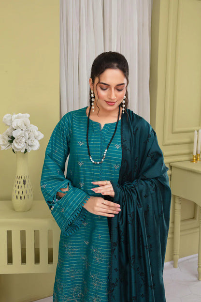 ADR-3PC KHADAR CUTWORK EMBROIDERED SHIRT WITH KASHMIRI JACQUARD WOOL SHAWL-ADR-1501