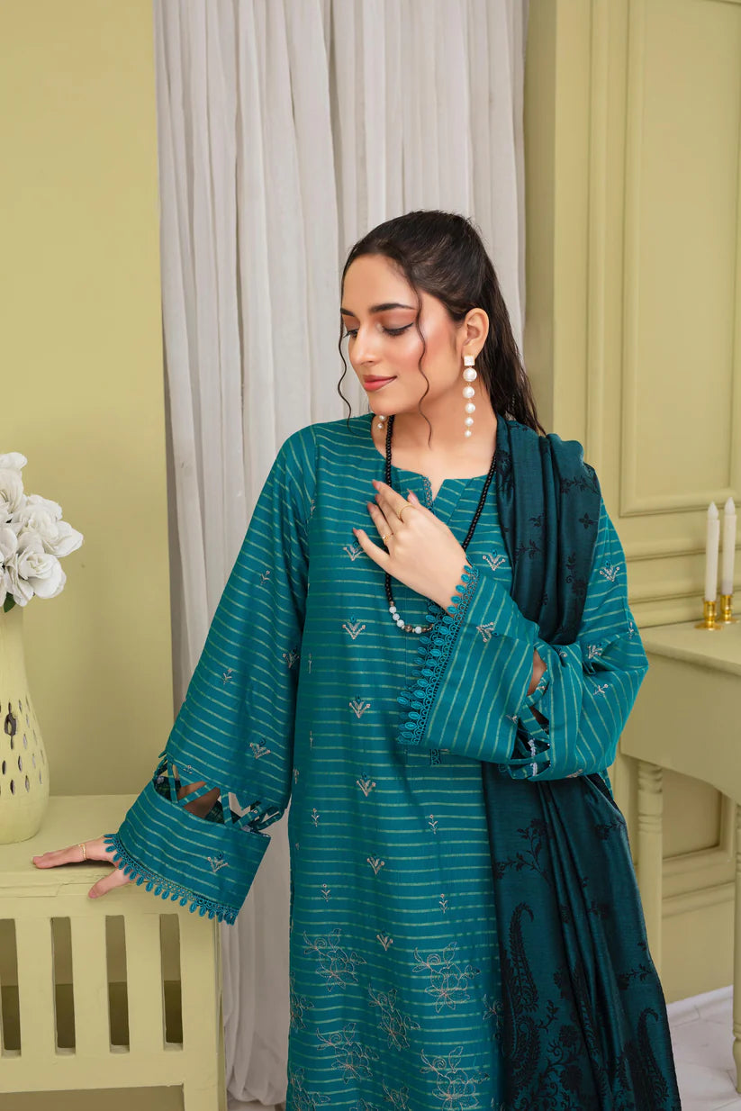 ADR-3PC KHADAR CUTWORK EMBROIDERED SHIRT WITH KASHMIRI JACQUARD WOOL SHAWL-ADR-1501