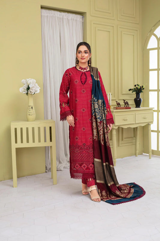 ADR-3PC KHADAR CUTWORK EMBROIDERED SHIRT WITH KASHMIRI JACQUARD WOOL SHAWL-ADR-1503