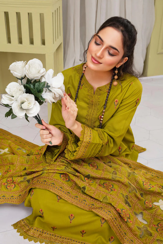 ADR-3PC DHANAK EMBROIDERED SHIRT WITH HEAVY CUTWORK EMBROIDERED DHANAK SHAWL AND TROUSER-ADR -1505