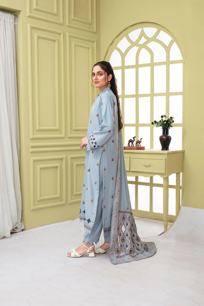 ADR-3PC DHANAK EMBROIDERED SHIRT WITH HEAVY CUTWORK EMBROIDERED DHANAK SHAWL AND TROUSER-ADR -1506