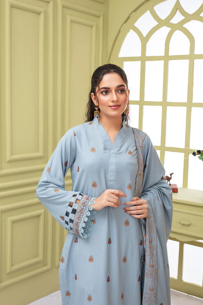 ADR-3PC DHANAK EMBROIDERED SHIRT WITH HEAVY CUTWORK EMBROIDERED DHANAK SHAWL AND TROUSER-ADR -1506