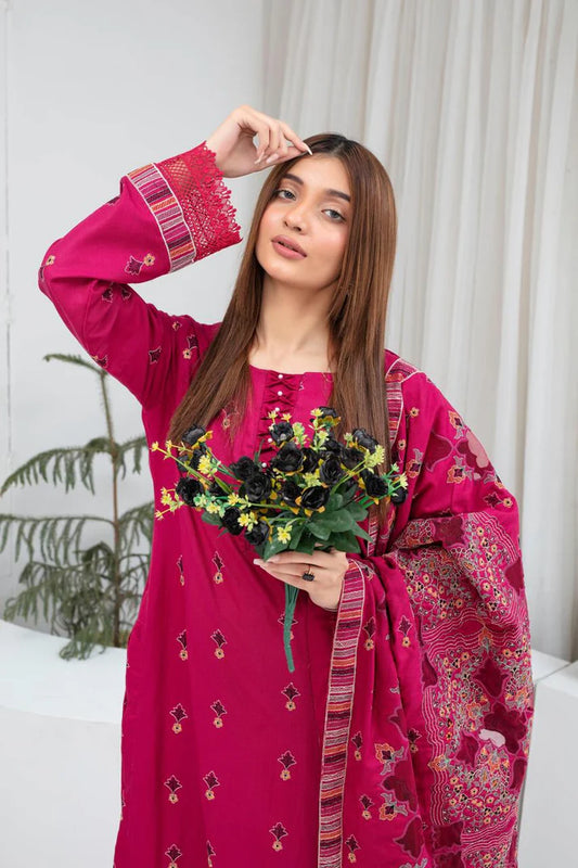 ADR-3PC DHANAK EMBROIDERED SHIRT WITH HEAVY CUTWORK EMBROIDERED DHANAK SHAWL AND TROUSER-ADR-1512