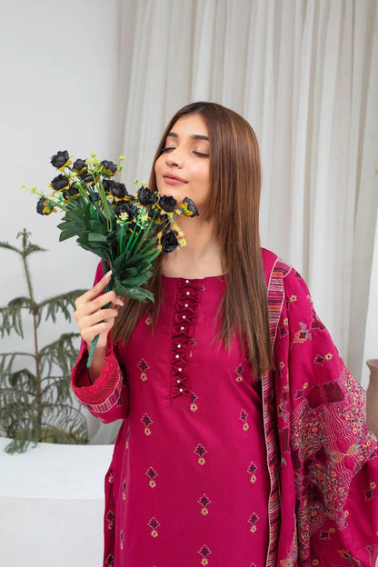 ADR-3PC DHANAK EMBROIDERED SHIRT WITH HEAVY CUTWORK EMBROIDERED DHANAK SHAWL AND TROUSER-ADR-1512