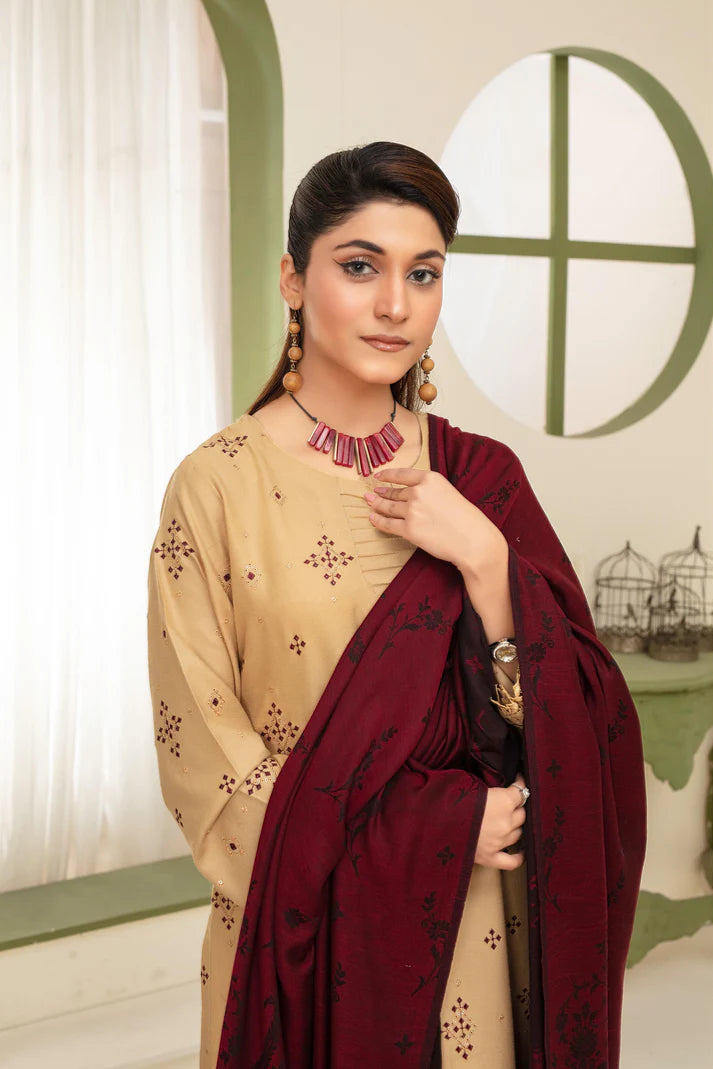 ADR-3PC DHANAK EMBROIDERED SHIRT WITH KASHMIRI JACQUARD WOOL SHAWL-ADR-1515