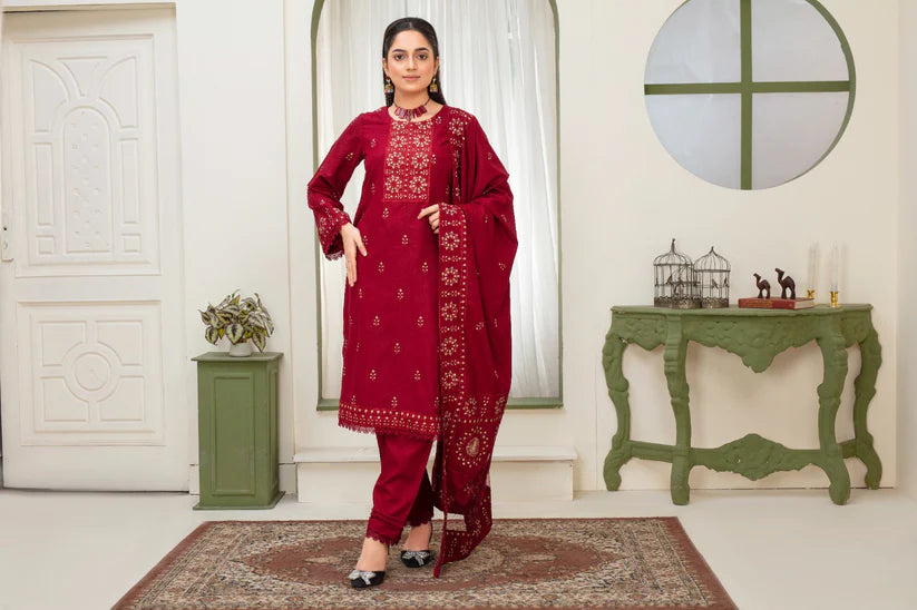 ADR-3PC DHANAK EMBROIDERED SHIRT WITH HEAVY CUTWORK EMBROIDERED DHANAK SHAWL AND TROUSER-ADR-1514